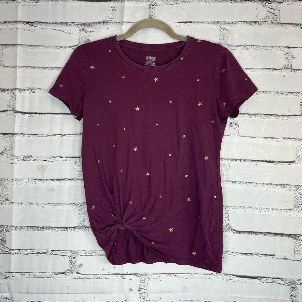 PINK Victoria’s Secret Mahogany Purple Shirt Gold Star Print Sz S Y2K Celestial